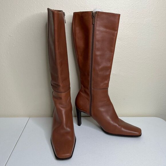 Zara Leather Heeled Knee High Tall Boots Zip Up Brown...